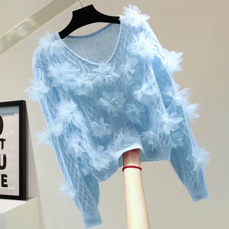 الفاخرة الماس ثلاثية الأبعاد الأزهار متماسكة البلوزات الملابس النسائية تصميم شيك بلوفر مغزول الخريف الربيع معاطف قصيرة بلايز سترة جديد