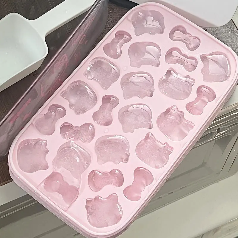 Kawaii Hello Kitty Cartoon Food Grade Silicone Press Ice Cube Mold for Household Refrigerators Ice Making and Storage Boxes