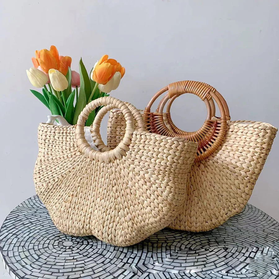 

Hand-woven Semicircle Straw Hand Bag Summer Irregularity Beach Travel Clutch Purse Hollow Out Large Capacity Half-Moon Handbags