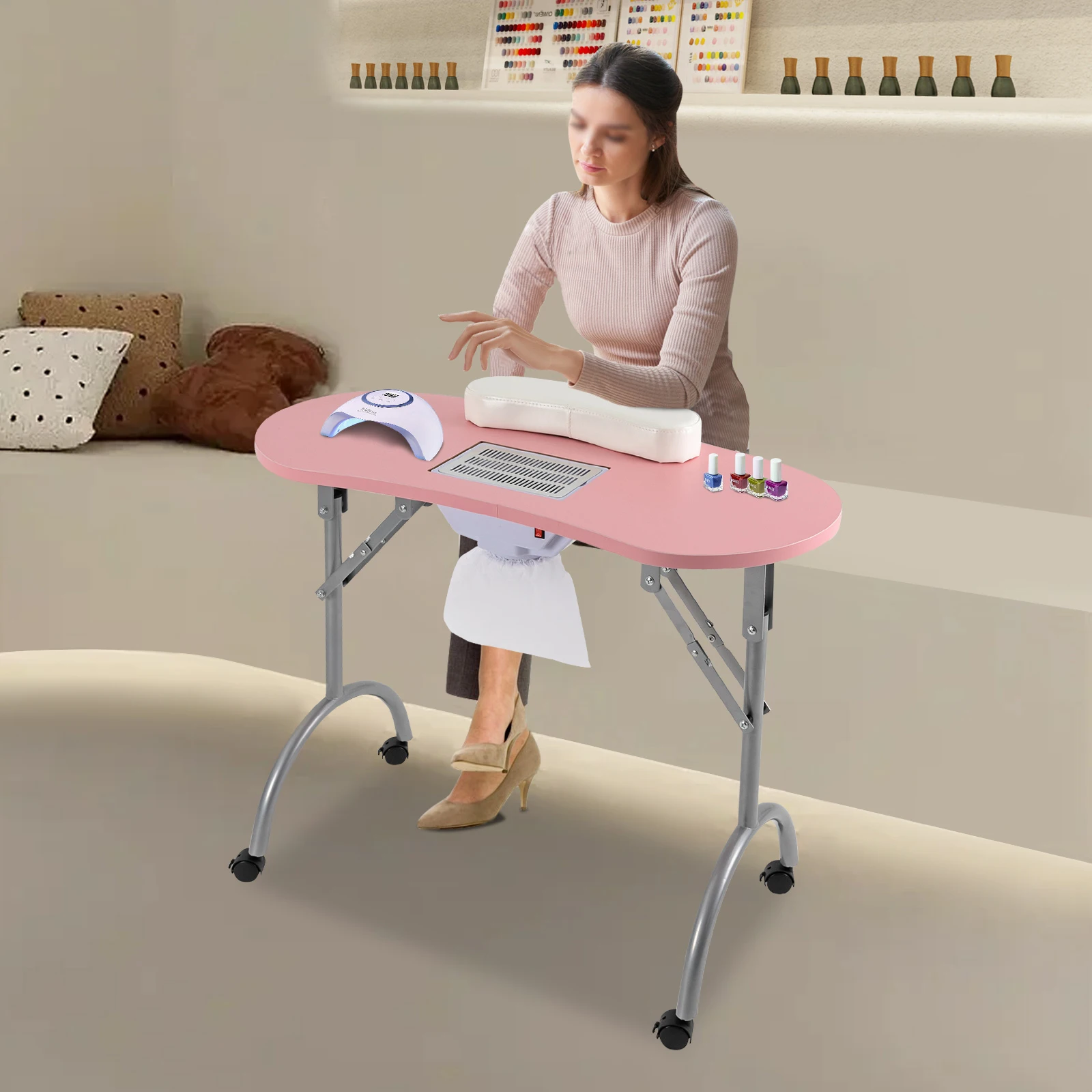 Foldable Nail Table W/ Wheels Multifunctional Portable Manicure Table with MDF Table Top for Households Nail Salons