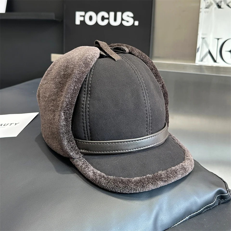 Neue Winter Herren Echtleder-Mütze mit Lammfell, Warme Dicke Ohrenklappe, Herren-Baseballkappe aus Schafsfell, Russische Mütze – Detail 12