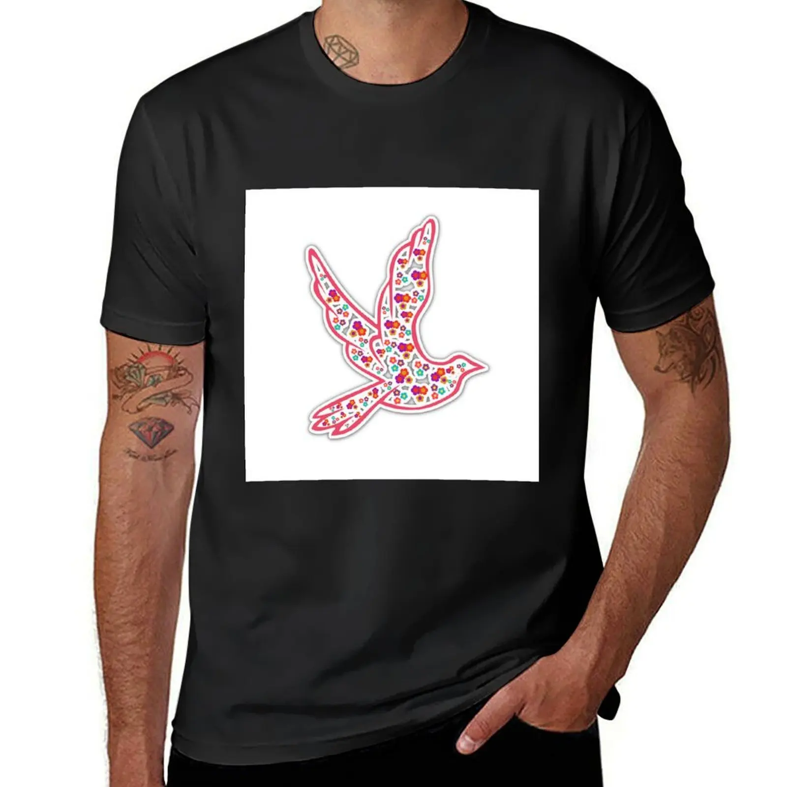 

Decorative bird with flowers sticker. T-Shirt tees boys whites oversized funnys sweat shirts, men