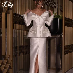 Lily Two Pieces Prom Dress Beading Button Party Dress Full Sleeve Celebrity Gown Stain Split Wedding Party Dress вечерние платья