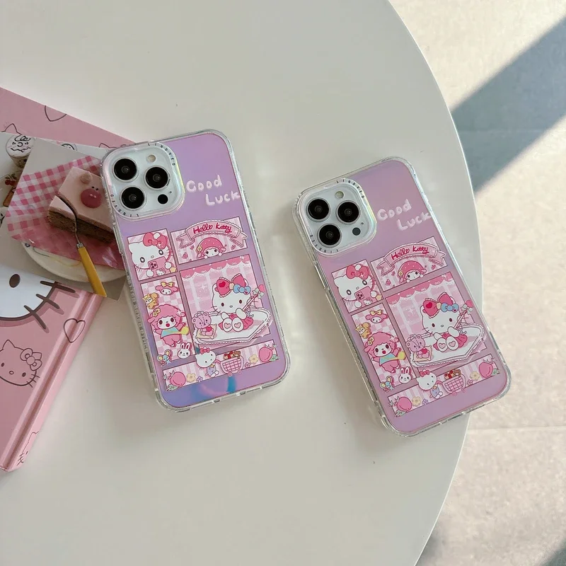 Cute Cartoon Sanrio Hello Kitty Laser Blu-ray Phone Case Phone Case For iPhone 15 14 13 12 11 Pro Max Shockproof Hard IMD Cover