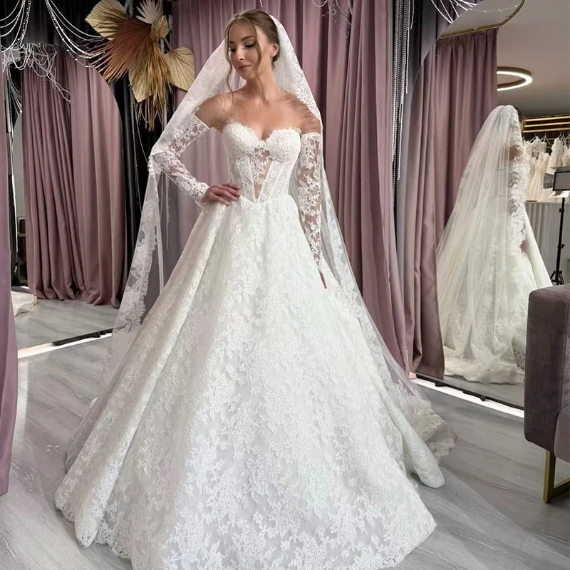 

Graceful Wedding Dress Embroidered Lace On Net With A-Line Ballgown Fullsleeve Strapless Customized Bride Dress Vestido De Novia