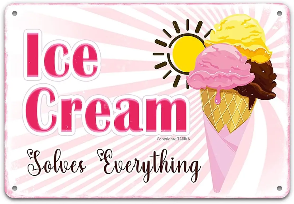 Ice Cream Tin Sign Funny Vintage Decor,Ice Solves Everything Retro Metal Art Painting Poster Plaque For Party Cold Drink S
