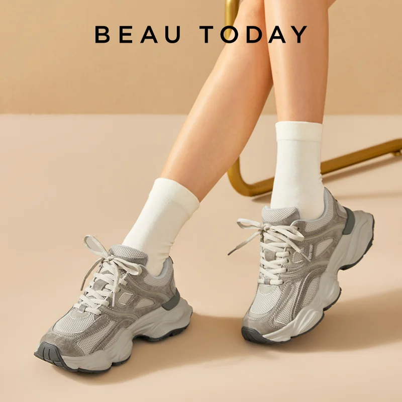BEAUTODAY Grube Sneakersy Damskie Siateczkowe Mieszane Okrągły Nosek Sznurowane Gruba Podeszwa Nowe Oddychające Damskie Buty Sportowe Ręcznie Robione HW29A14 — zdjęcie 5