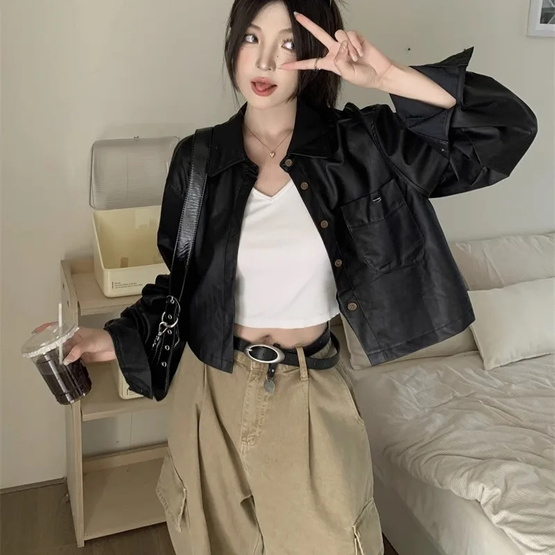 Deeptwon Short Brown Leather Jacket Women Vintage Streetwear Y2k Oversize Korean Fashion Cropped Racing Jackets Autumn Aesthetic