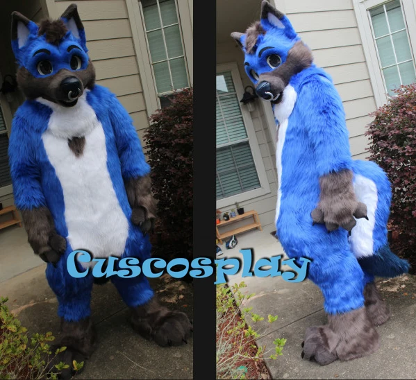 

Long Fur Furry Blue Wolf Husky Dog Fox Fursuit Mascot Costume Adult Cartoon Character Halloween Carnival Fancy Birthday Party