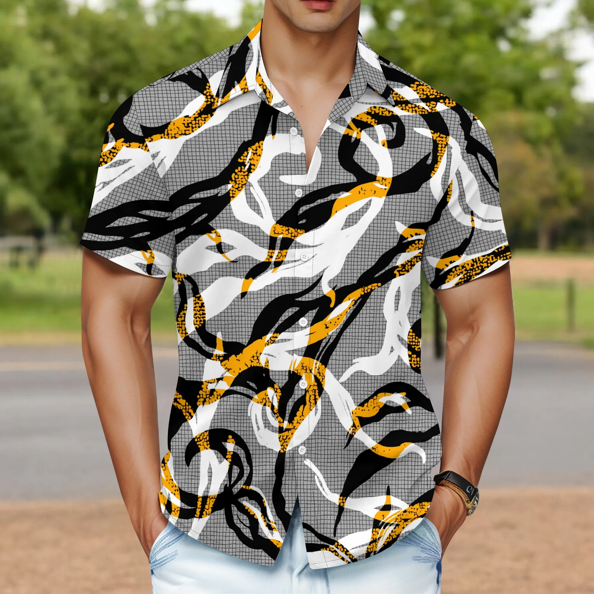 

YEAE Twisted Pattern Print Shirt for Men Summer Casual Short Sleeve Top