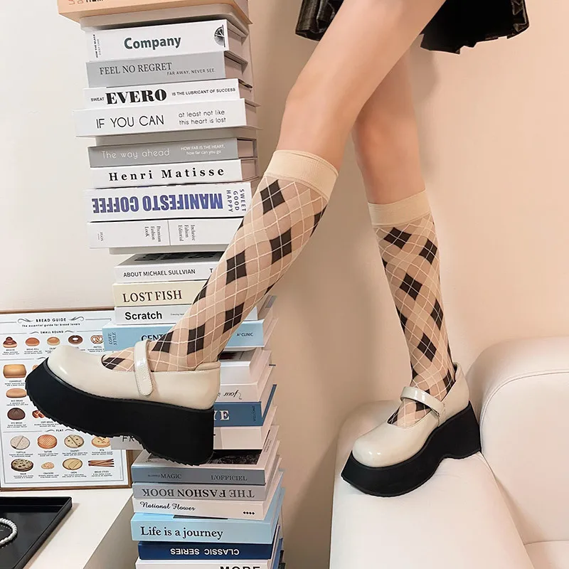 Velvet Thin Women Stockings Japanese Style Plaid School Girls Knee Socks Stockings JK Lolita Kawaii Cute Long Socks Stockings
