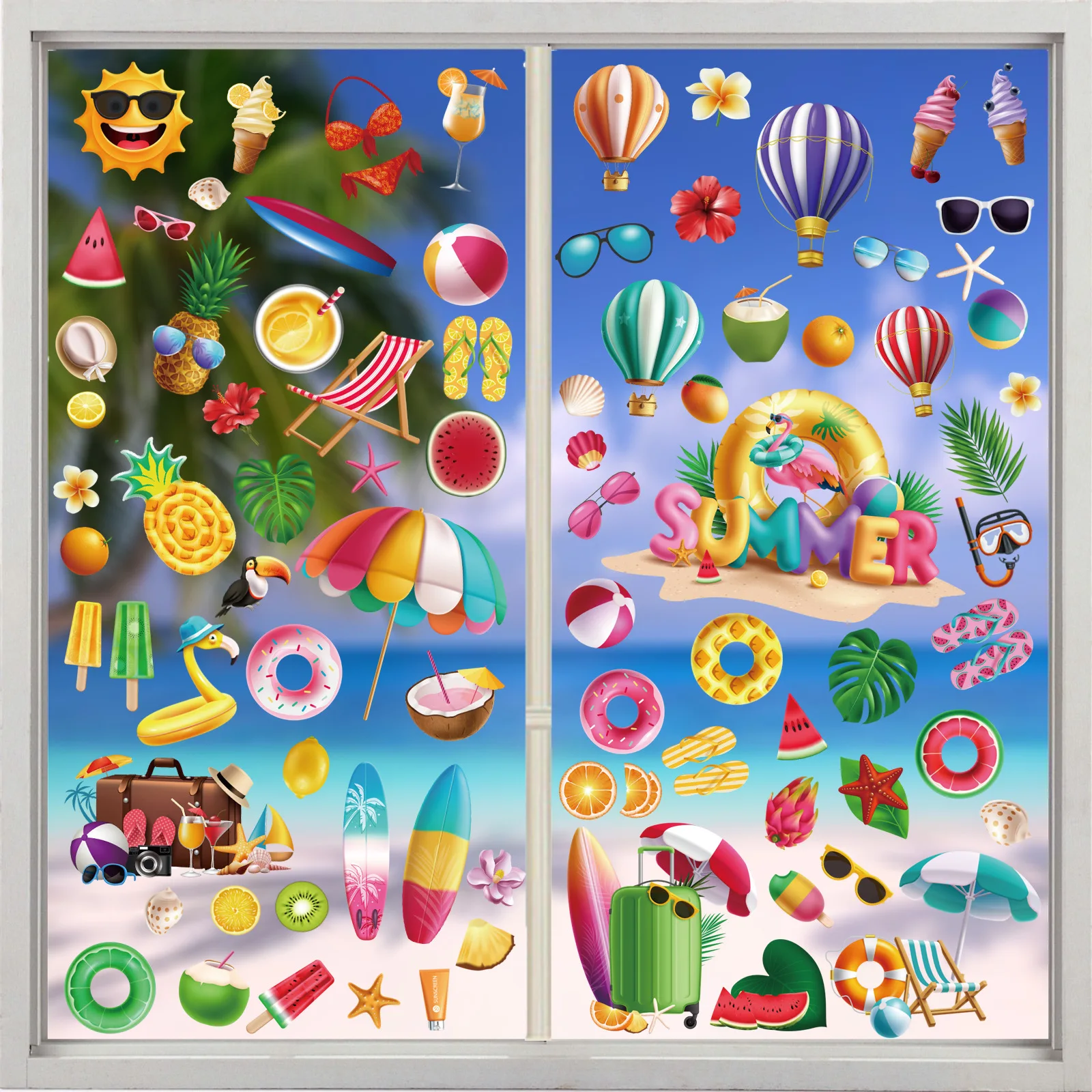 Statische Fensteraufkleber im Hawaii-Thema für den Sommer, Obst, Strand, Kokosnussbaum, Bikini, Fensteraufkleber, 9 Stück