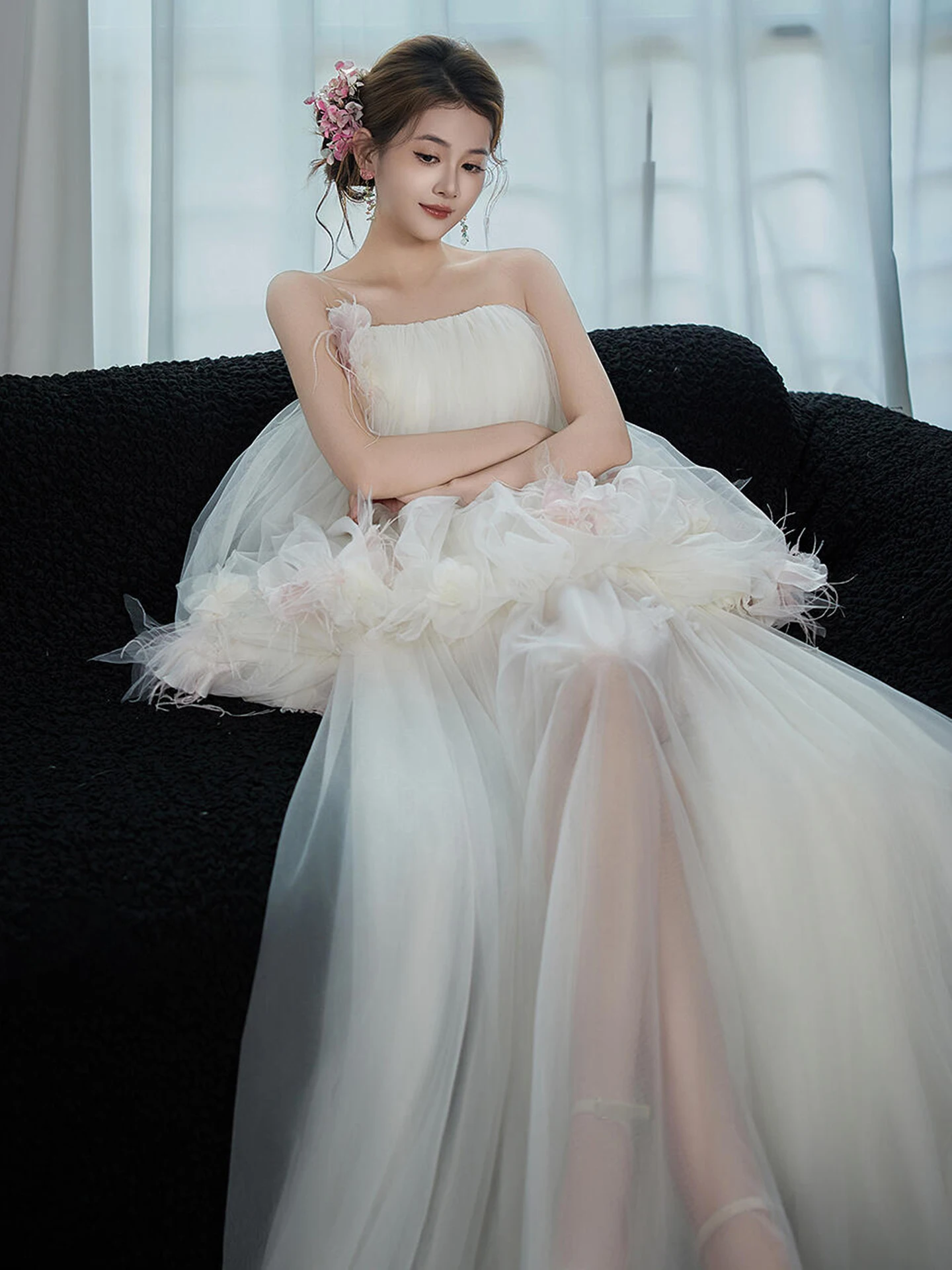 Fee-avondjurk Strapless baljurk Galajurk Feestjurk met veters aan de achterkant Roze appliqué