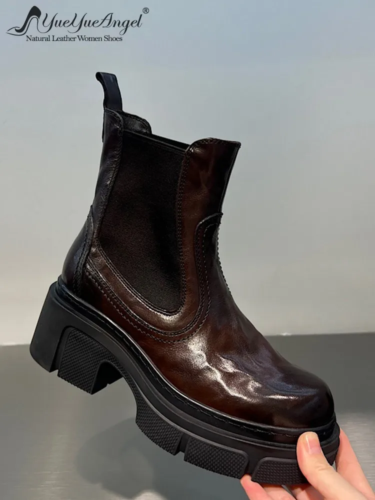 British Style Fashion Women Genuine Leather Round Toe Slip On Ankle Boots Cowhide Lady Height Increasing Thick Platform Footwear