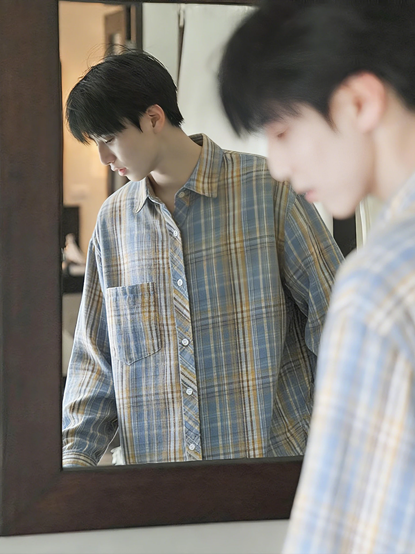 

Spring Youth Sle Yellow Blue Plaid Long Sve Men's irt Cleanfit Outerwear American Cheered Pattern Casual Faion