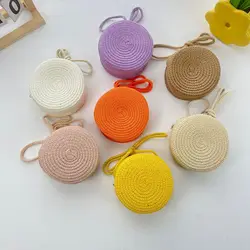 Handwoven Round Straw Shoulder Bag Crossbody Bag Kid Summer Beach Straw Bag Envelope Wallet for Wowen Girls