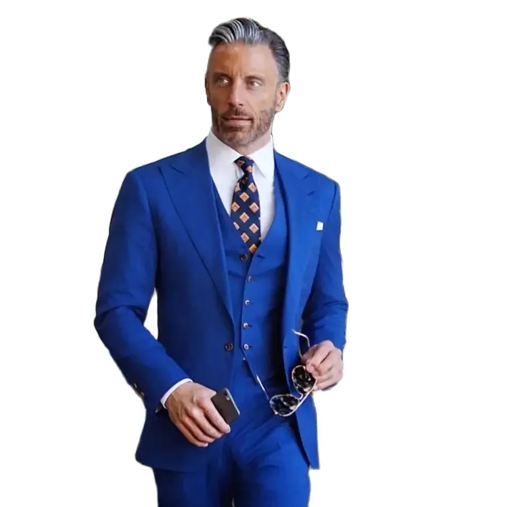 Men Suits High Quality 2024 Blue 3 Piece Jacket Pants Vest Outfits Single Breasted Peak Lapel Regular Length Costume Homme Terno