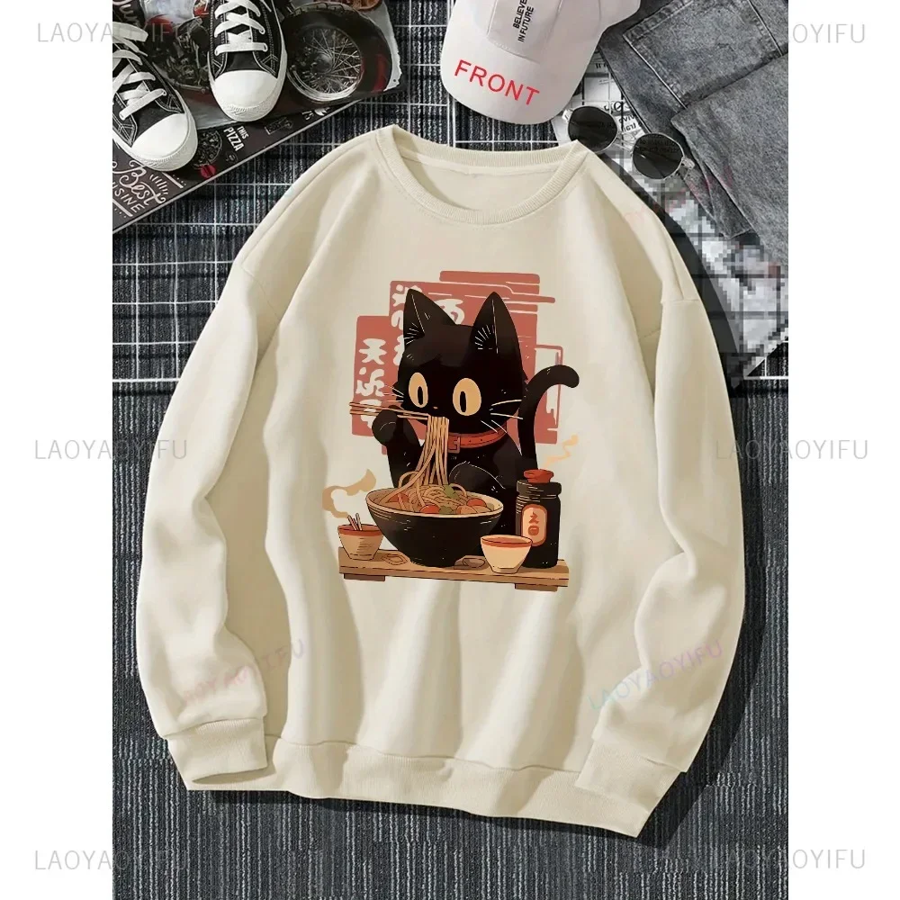 Kitten Eating Noodles Creative Pattern Printed Women Sports Hoodie Comfortable Polyester Crew Neck Pullover for Fall and Winter