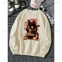 Kitten Eating Noodles Creative Pattern Printed Women Sports Hoodie Comfortable Polyester Crew Neck Pullover for Fall and Winter