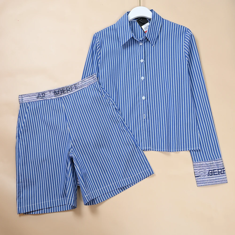 

Faionable Striped Diamond Letter Slim Fit Long Sve Cotton irt ort Pants Set for Women Autumn New Sle K Series