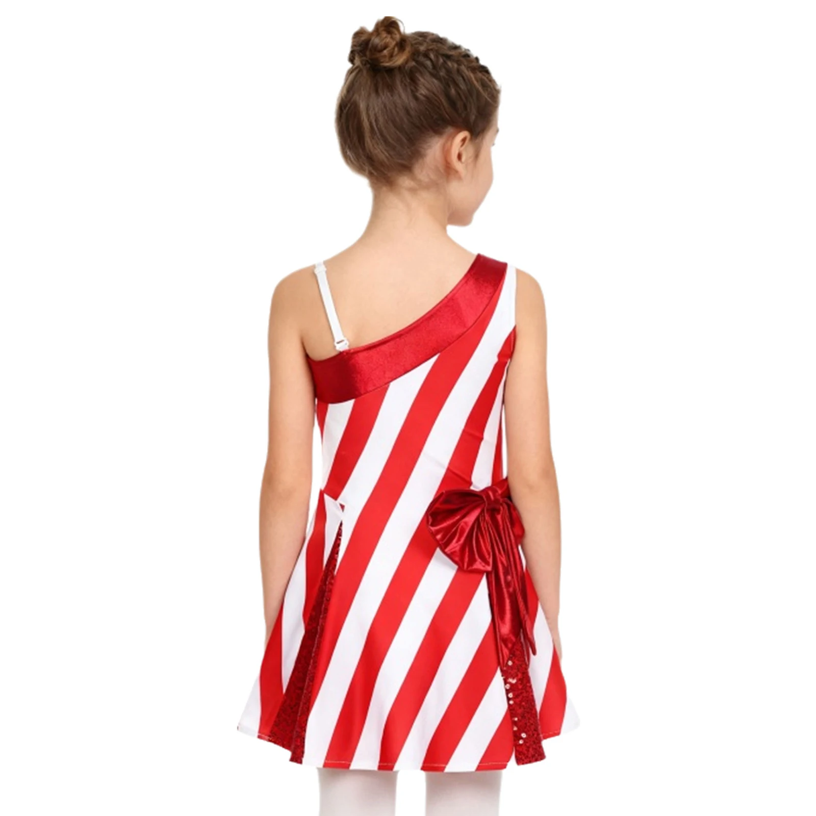 Kids Girls Christmas New Year Party Santa Elf Dress Xmas Candy Cane Striped Costume One Shoulder Metallic Bow Sequins Dresses