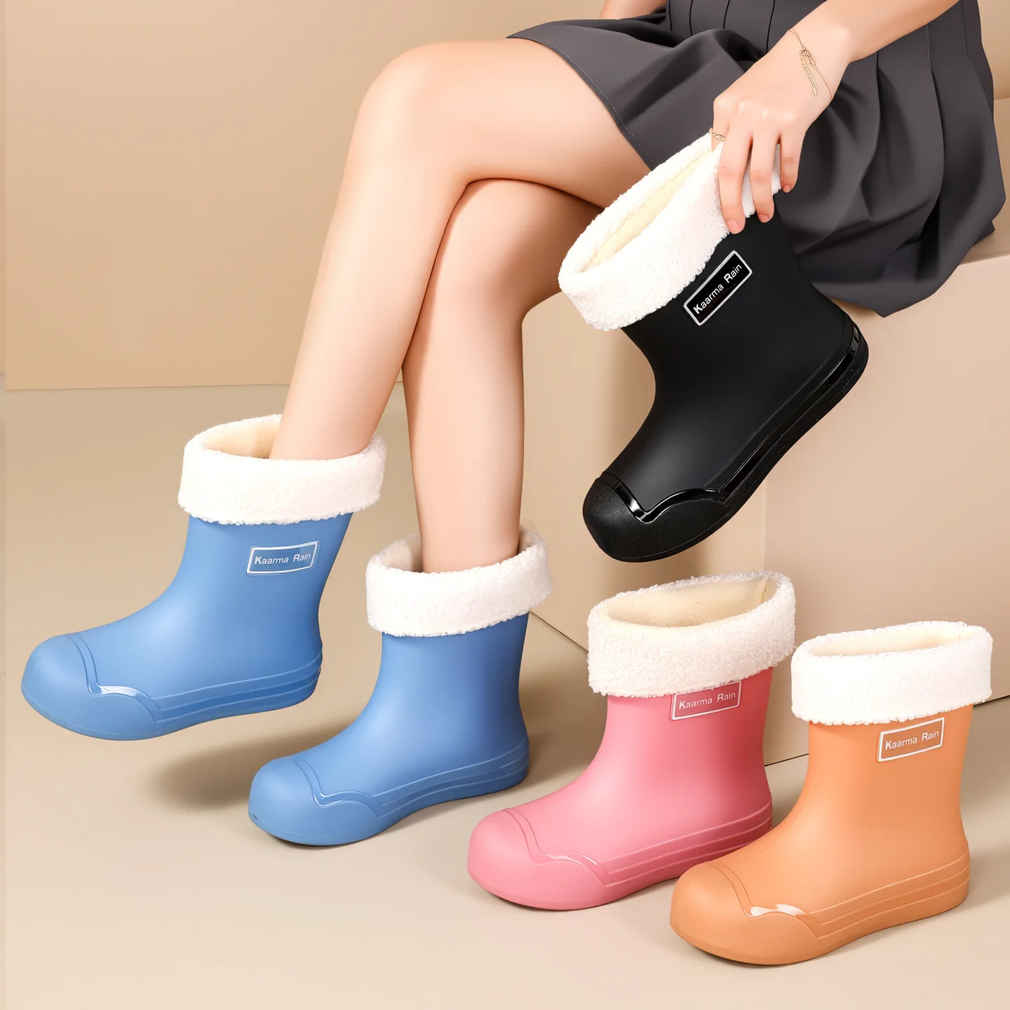 

High-Tube Fashion Water Shoes Rain Boots Drawstring Short Tube Waterproof Kitchen Rubber Shoes Warm Ladies Rain Boots