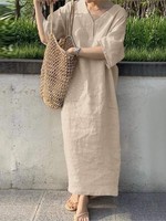 Casual Solid Color Cotton Linen Long Dresses Women Loose Short Sleeves V-neck Vintage Simple Style Lady Maxi Dress Summer New