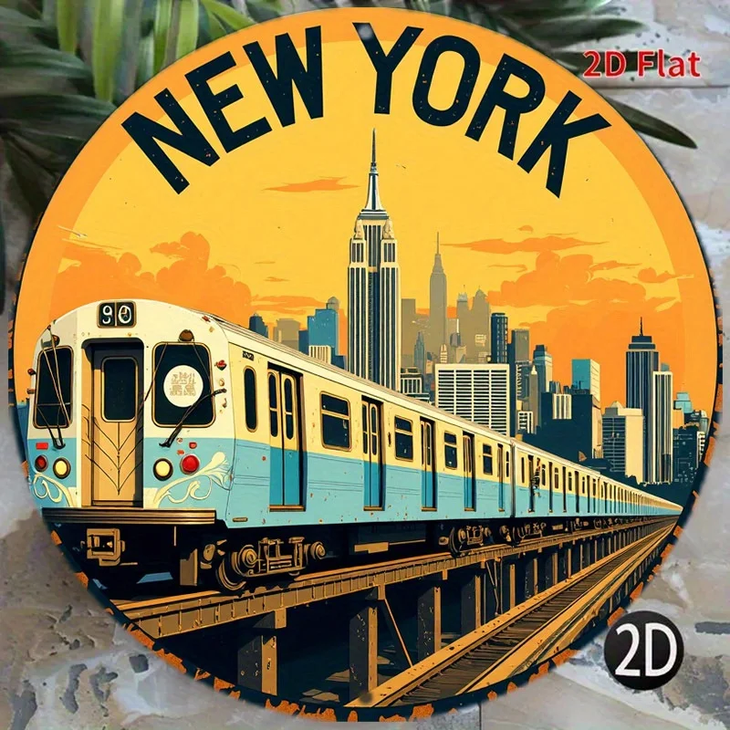 2D Flat - 1pc of an 8-Inch Round Sign Featuring a New York Subway Train with a City Skyline And Sunset Design, Made of Aluminum.