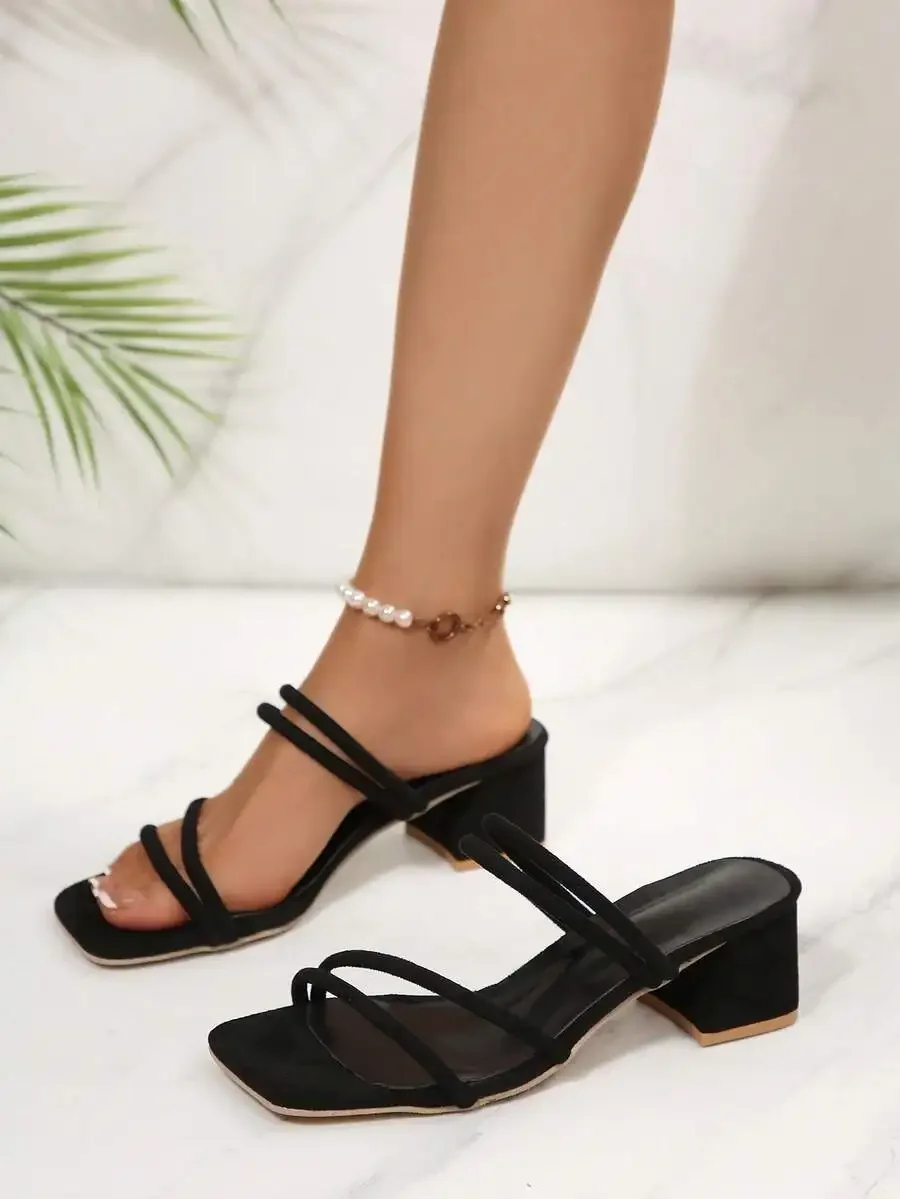 

Womens Black Square Chunky Heel Slide Sandals Cross Strap Open Toe Dress Shoes