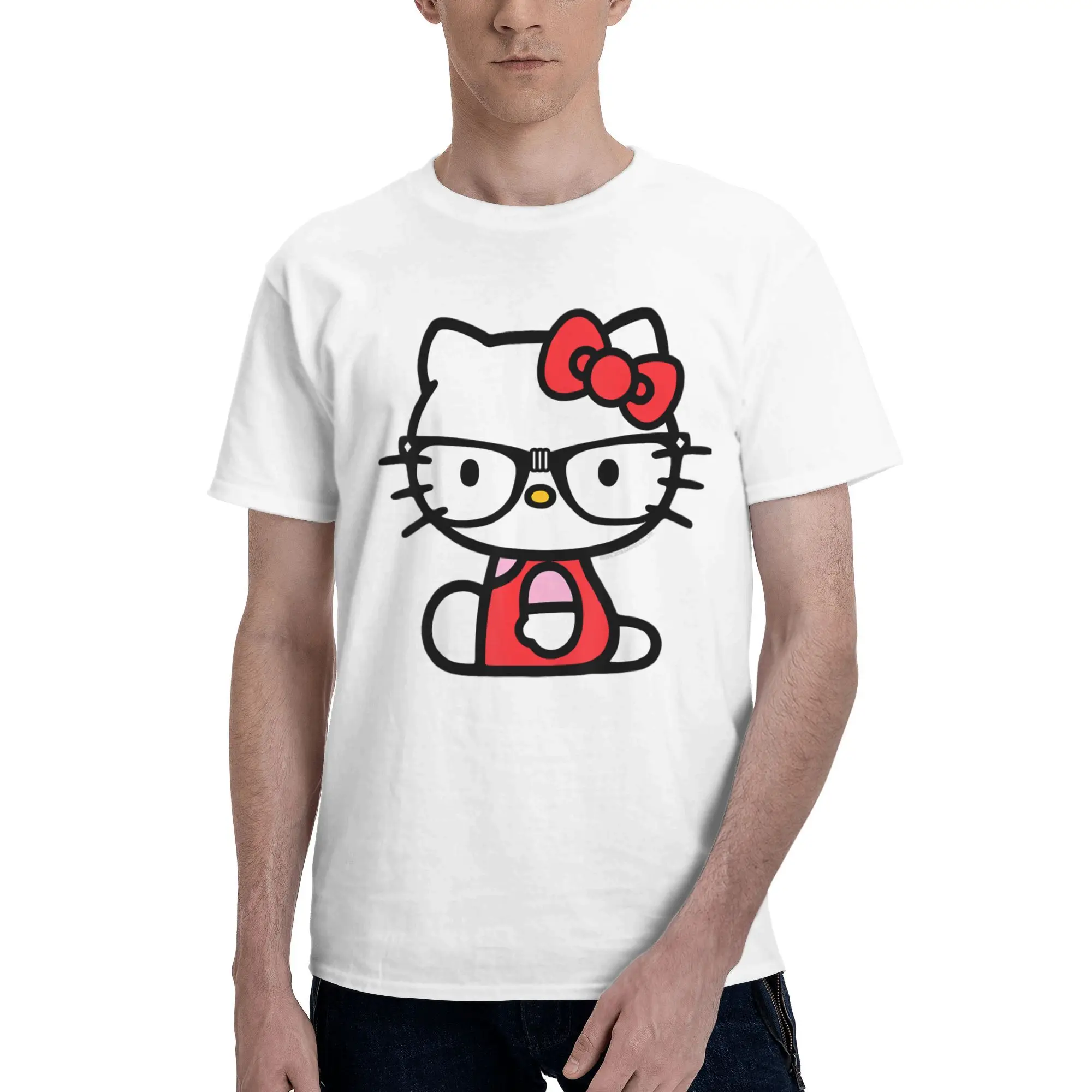 

Men Women New Arrival Hello Kitty Nerd Glasses Tee T Shirt Cotton T-shirts Clothing
