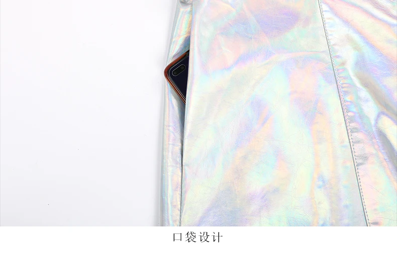 Nerazzurri Autumn Extra Long Windproof Waterproof Shiny Reflective Silver Holographic Patent Faux Leather Coat Women with Hood