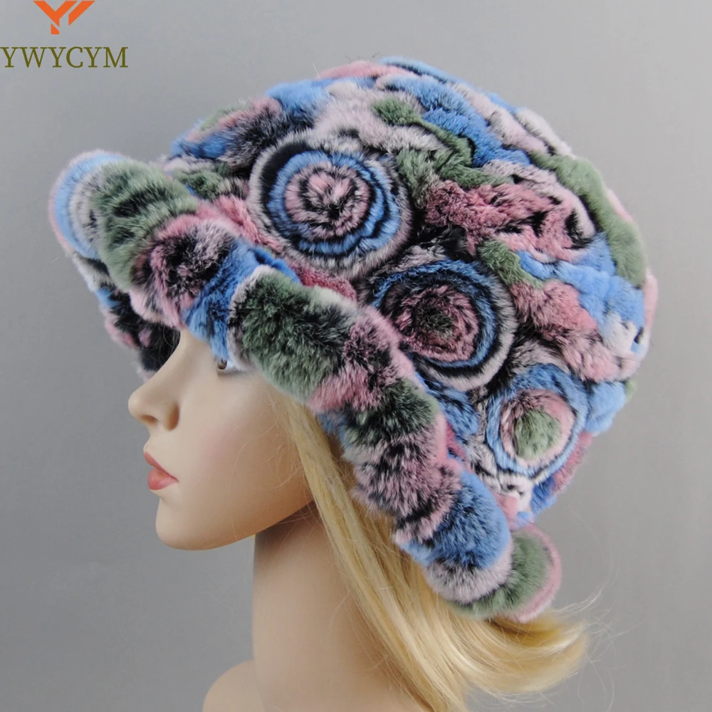 

Female Natural Knitted Real Rex Rabbit Fur Cap Winter Warm Genuine Fur Beanies Hats Russian Women Floral Striped Real Fur Caps