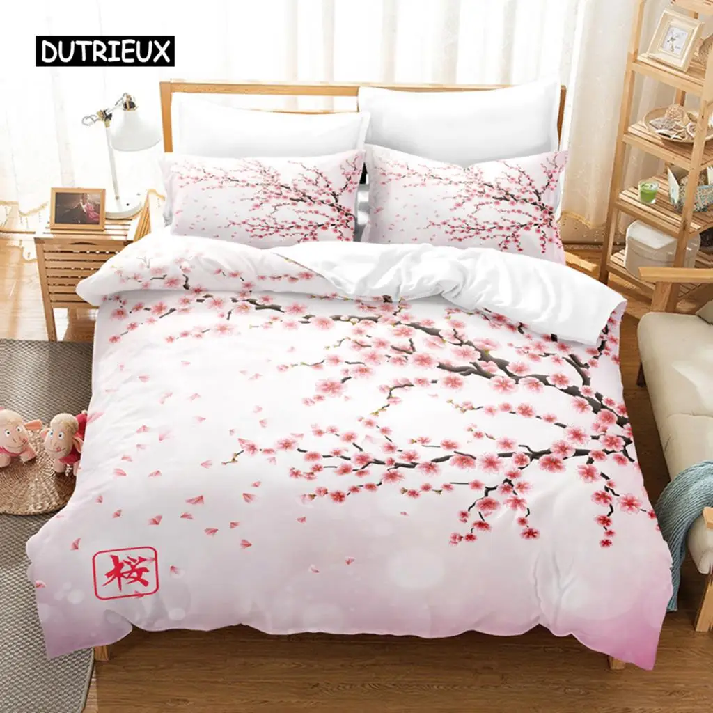 Sakura Scenery Japan Duvet Cover 3D Japanese Cherry Blossom Bedding Set for Kids Girls Soft Microfiber Quilt Cover with Zipper C