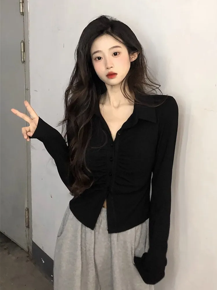 

Women's Collar irt Long Sve Waist Cinched Slim Fit Cotton Blend Base Layer Top Early Autumn Faion Trend