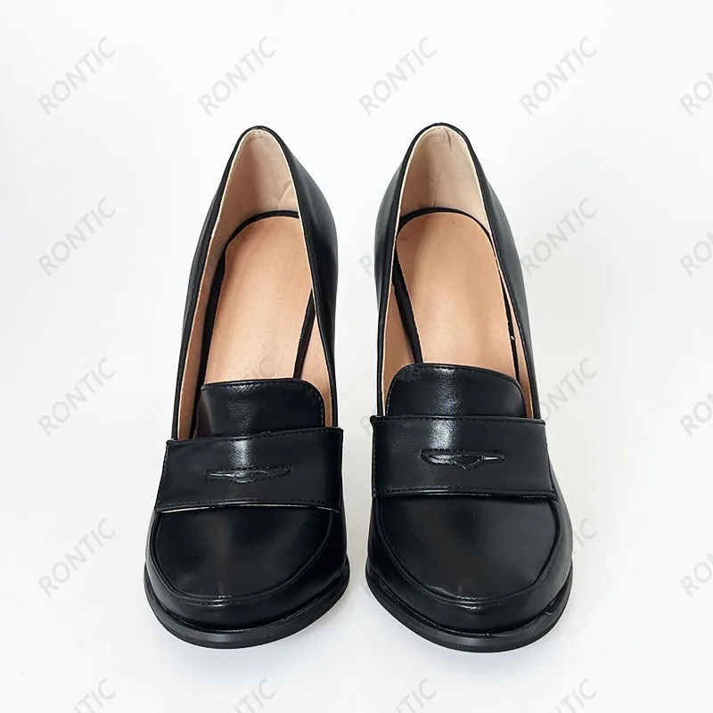 Rontic Handmade Women Spring Pumps Unisex Chunky High Heels Round Toe Pretty Black Party Shoes Ladies US Plus Size 5-20