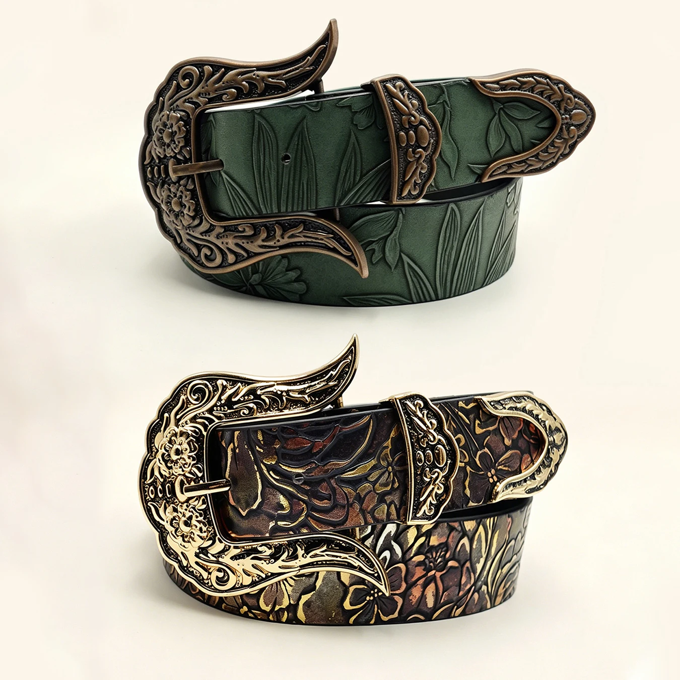 Western Engraved Pointed Pin Buckle Women Belt, Vintage Floral Embossed Two Tone Decorative Waistband