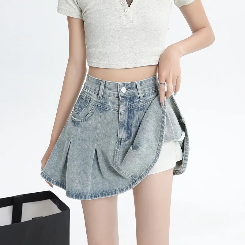 

Women's High Waist Pleated Denim Skirt Casual A-Line Jean Skirt with Built-In Shorts