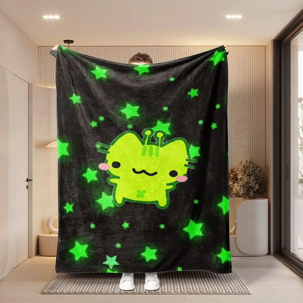 1pc Cute and Adorable Green Alien Kitten Simple Star Pattern Blanket, Decorative Blanket for Bedroom, Living Room, Sofa, Warm Na