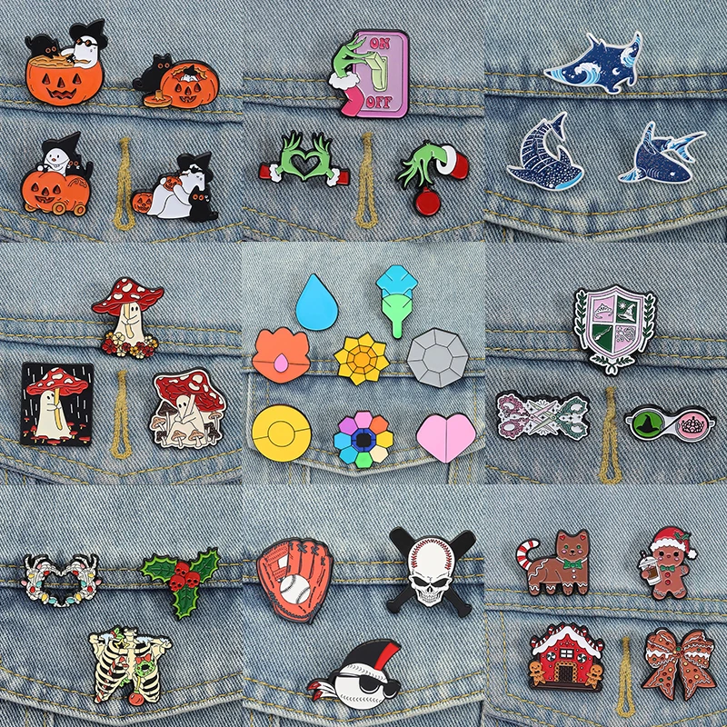 2-8pcs/set Punk Collection Enamel Pins Baseball Skull Mushroom Boo Ghost Brooch Lapel Badges Black Cat Bottle Christmas Jewelry
