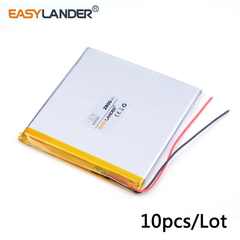 

10pcs /Lot 3.7v lithium Li ion polymer rechargeable battery 408080 2800MAH For PDA Vedio Game andorid phone toys,tablet battery