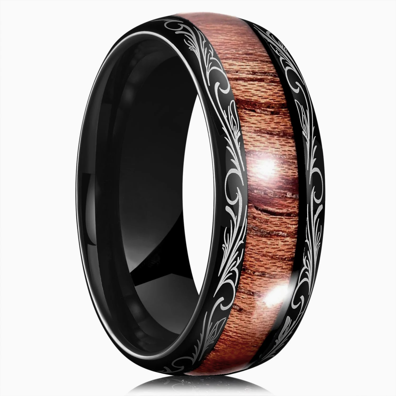 Fashion 8MM Black Stainless Steel Rings For Men Women Domed Koa Wood Inlay Men Rings Wedding Engagement Jewelry Gift