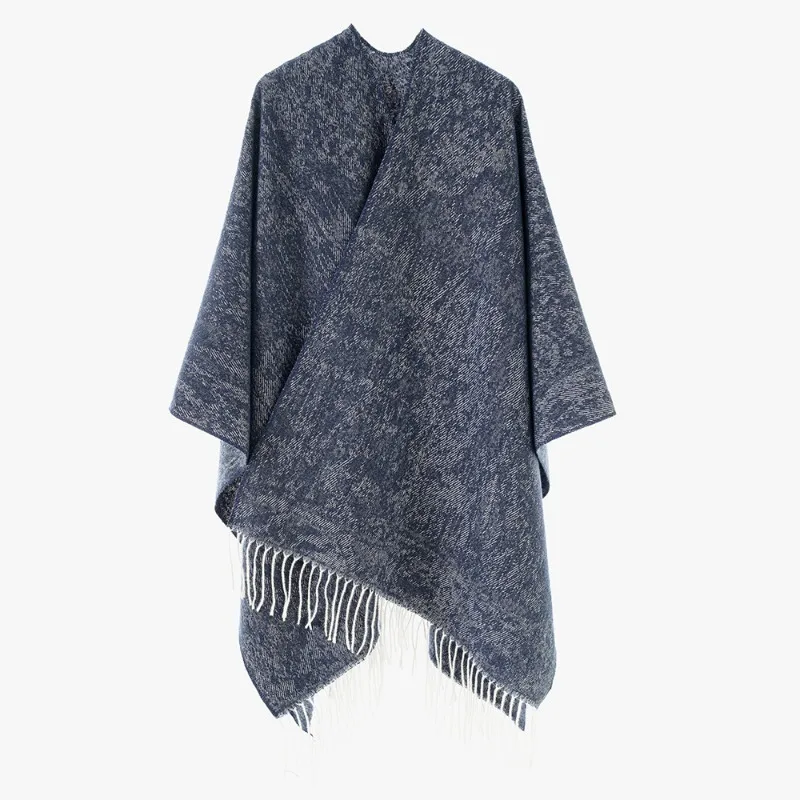 Women Retro Jacquard Tassel Poncho Open Front Cape Wrap Shawl For Travel Autumn Winter Wear