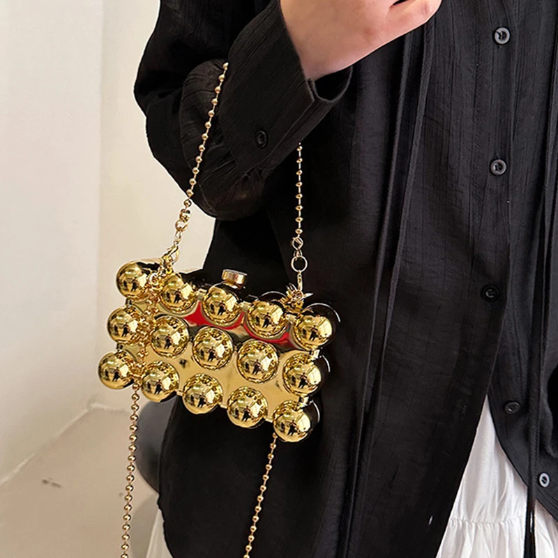 Plating Acrylic Square Clutch Handbags for Women 2024 Trendy Fashion Bubble Chain Top Handle Purse Box Crossbody Shoulder Bags