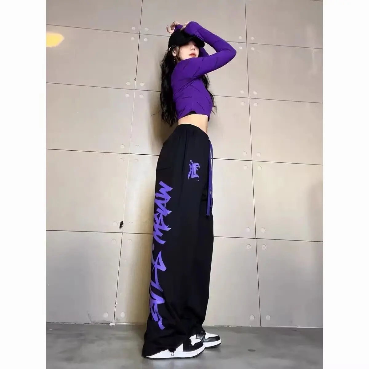 hiphop plus-size sweatpants female jazz dance dance pants American hiphop high waist wide leg drawstring casual sports pants