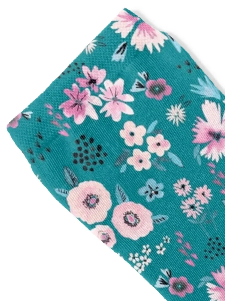 Liberty Small Floral Print - Turquoise and Pink Socks gift gym Christmas Socks Women's Men's