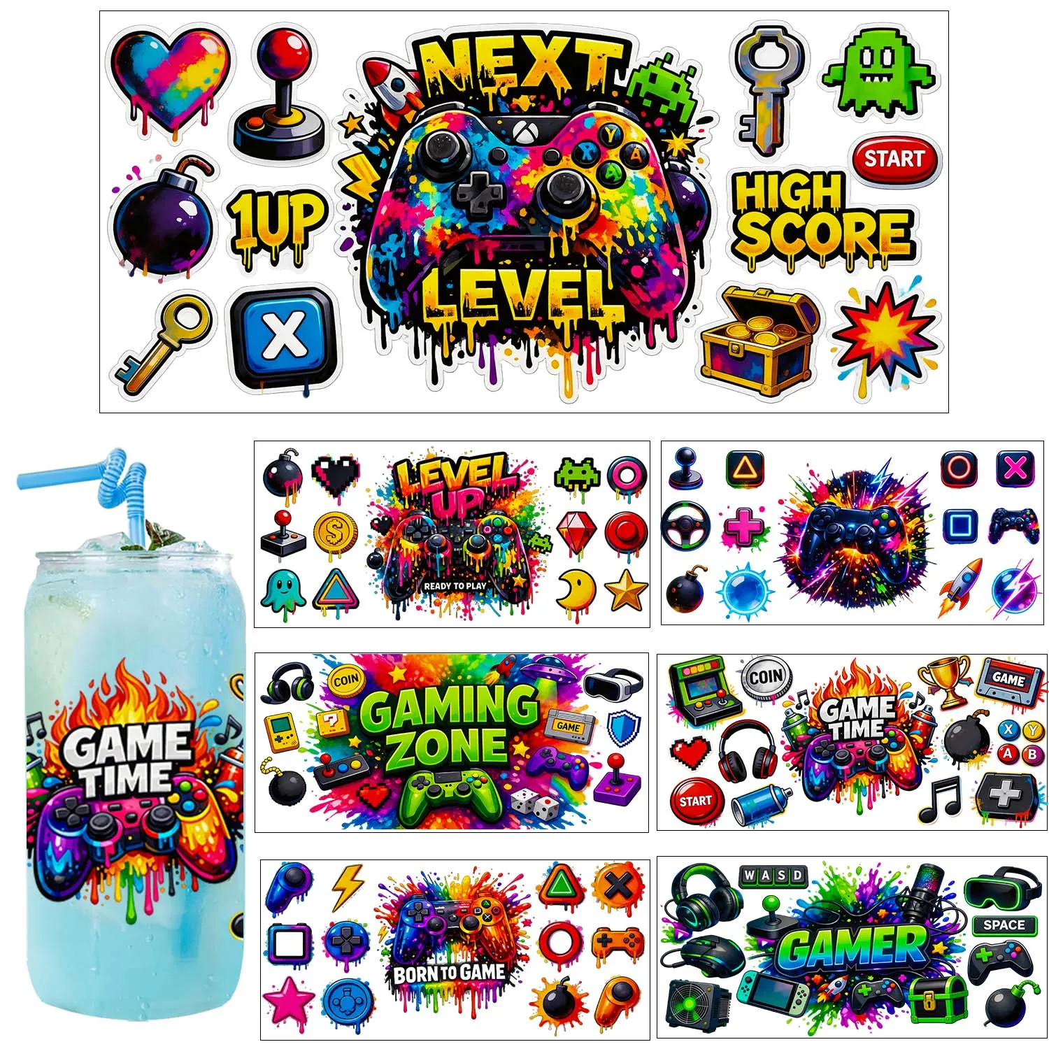 Born To Game Gaming Is Life Theme UV DTF Transfer Sticker Waterproof DIY Decals 3D Transfers UVDTF Sticker 16oz UV DTF Cup Wraps
