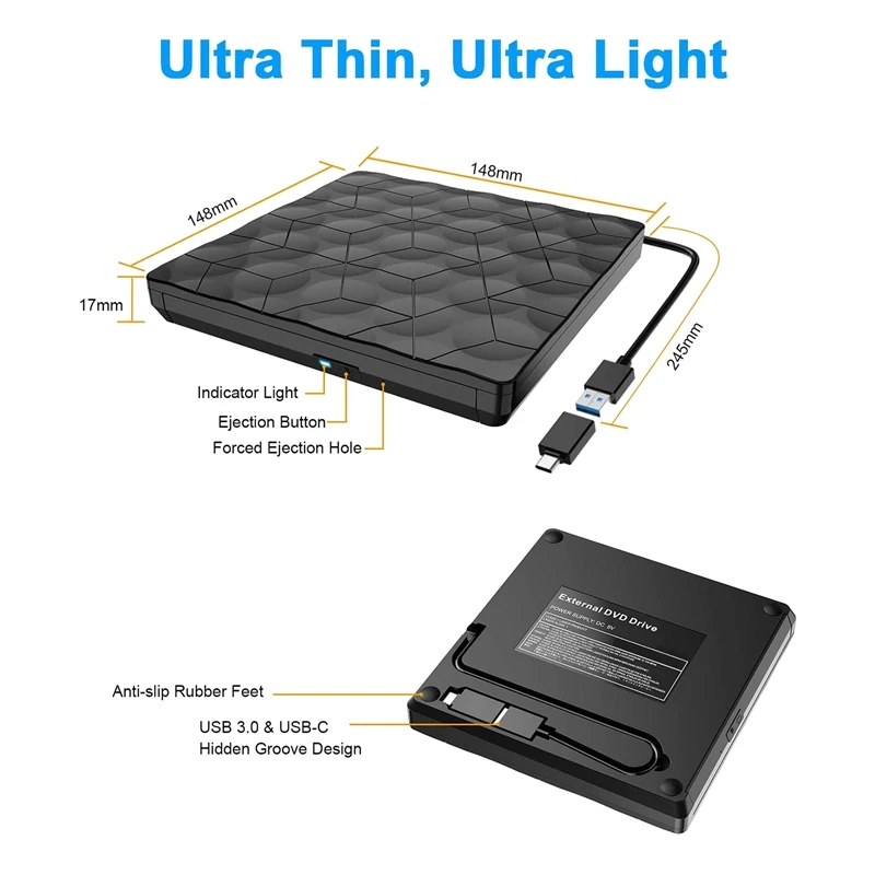 External CD DVD Drive, USB 3.0 Type C DVD Drive Portable CD/DVD-RW/VCD ROM Rewriter Burner, For Laptop Desktop PC