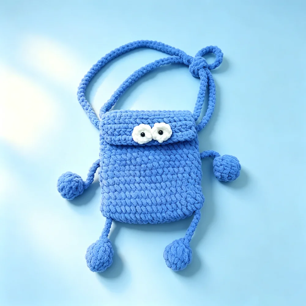 Handmade Crochet Monster Crossbody Bag Cute Knitted Mini Shoulder Bag Cartoon Pom-pom Phone Bag Women Casual Small Messenger Bag