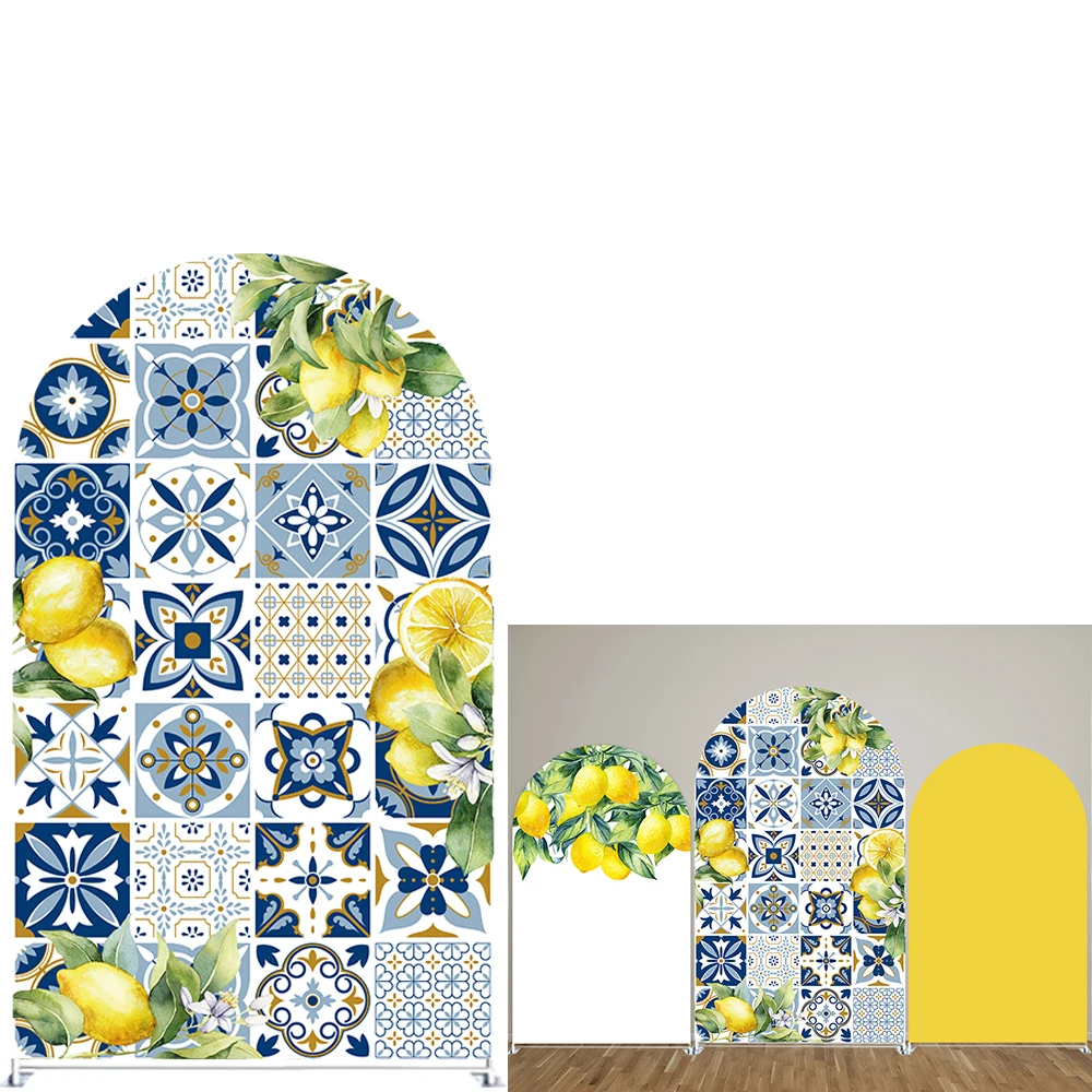 Mediterranean Lemons Arched Backdrop Covers Positano Tiles Stretchy Arch Stand Cover for Birthday Baby Shower Decoration GX-1514