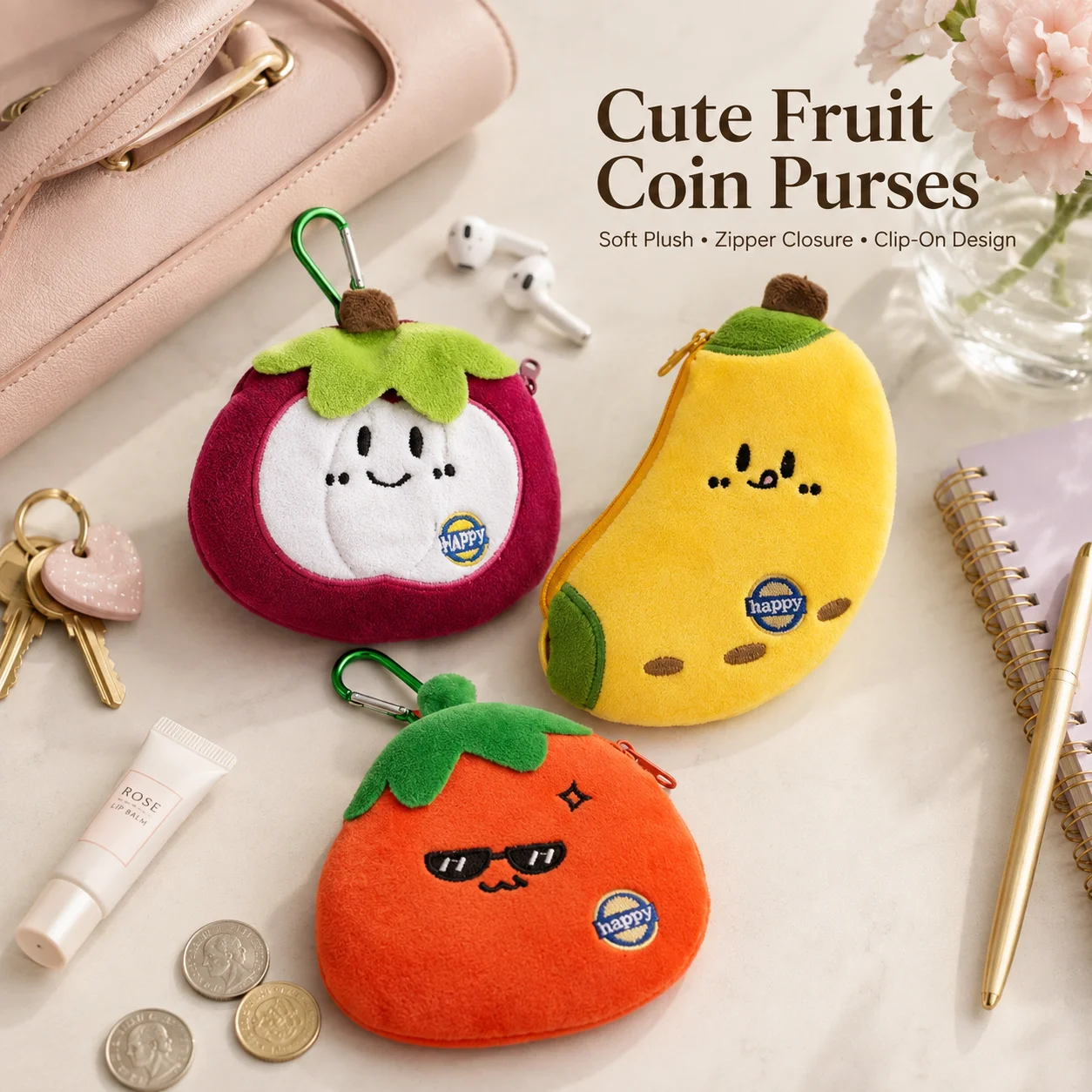 Cute Fruit Plush Coin Wallet, Creative Keychain Pendant Pouch, Large Capacity Earphone Storage Organizer